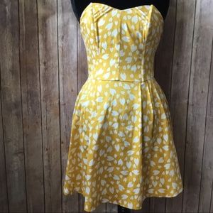 Strapless Heart Print Mustard Yellow Dress Sz M
